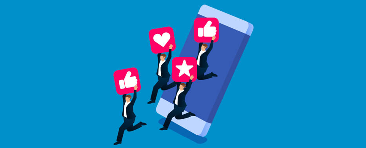 Illustration of four people holding large social media icons—thumbs up, heart, and star—jumping in front of a smartphone on a blue background, capturing the energy of senior living social media marketing.