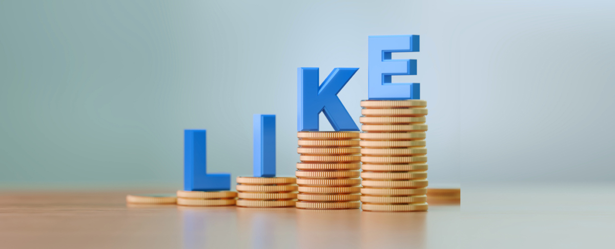 Stacks of coins with blue 3D letters spelling "LIKE," each letter placed on a separate stack, arranged in increasing height from left to right—a creative visual for senior living social media engagement.