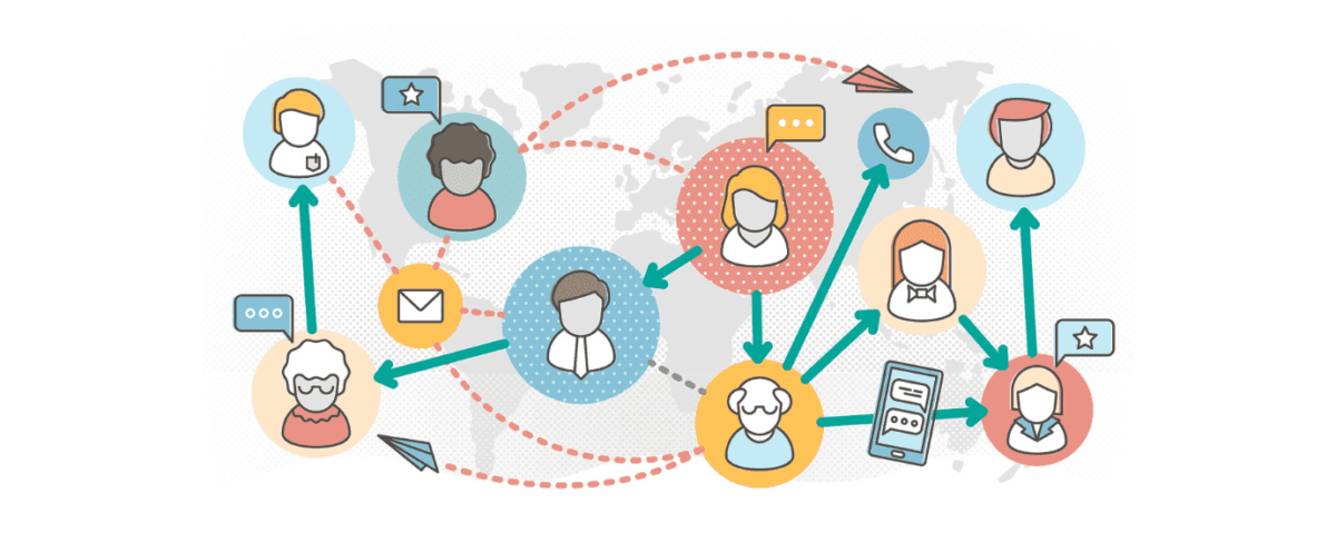 Illustration of diverse people connected by arrows and communication icons over a world map, symbolizing global networking and sharing lead generation ideas for senior living communities.