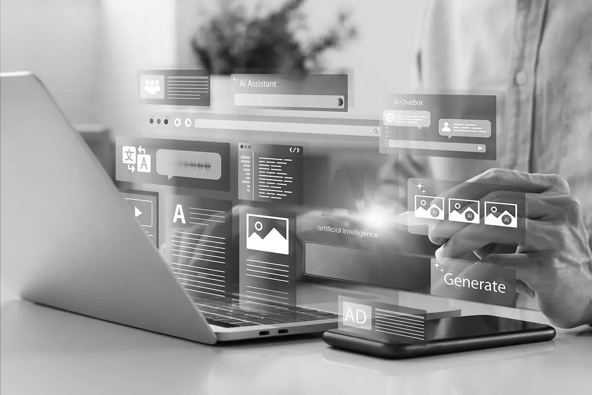 Person using a laptop with floating digital interface elements related to artificial intelligence, image generation, and chatbots displayed in front of the screen.