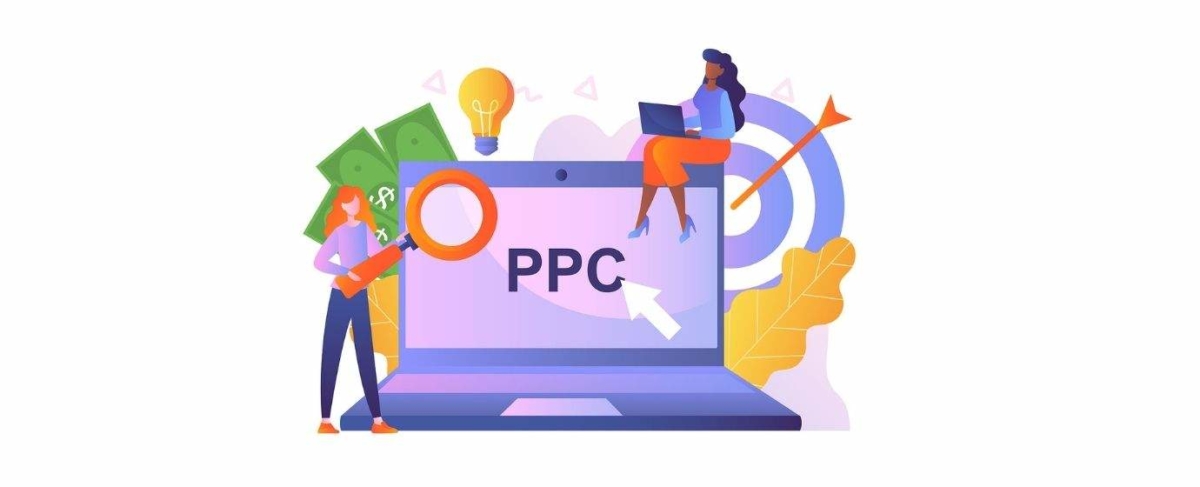 Illustration of two people around a large laptop displaying "PPC," with money, a magnifying glass, a light bulb, and a target in the background, representing pay-per-click and senior living advertising.