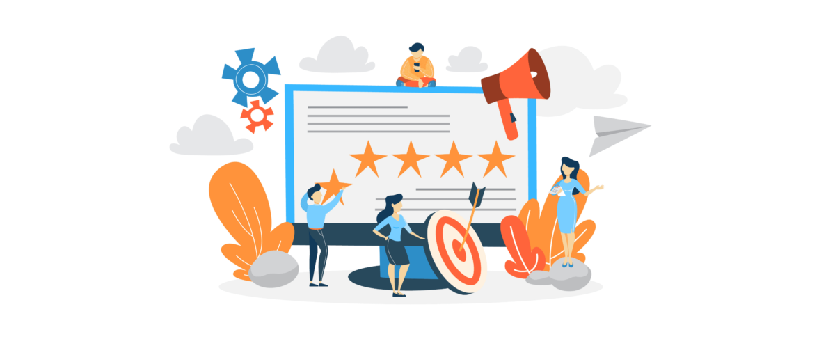 Illustration of people interacting with a large screen displaying four stars, a target with arrows, a megaphone, gears, and plants, suggesting teamwork and feedback in senior living reputation management.