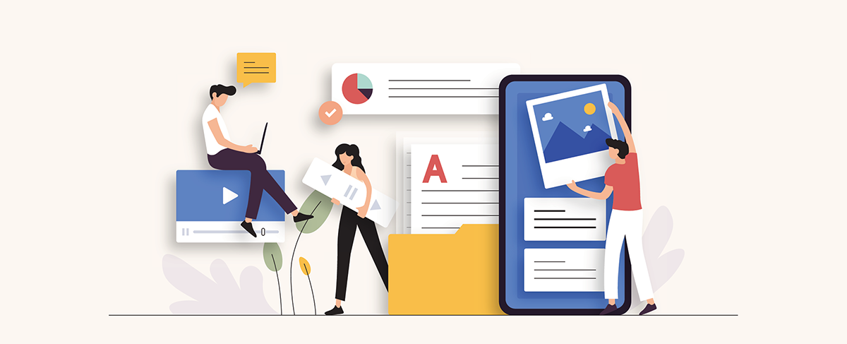 Illustration of three people interacting with large digital media elements, including a smartphone, charts, documents, and images, symbolizing senior living social media marketing and content management.