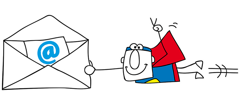 Cartoon superhero flying while holding a large envelope with an "@" symbol on a paper inside, representing fast senior living lead generation and efficient message delivery.